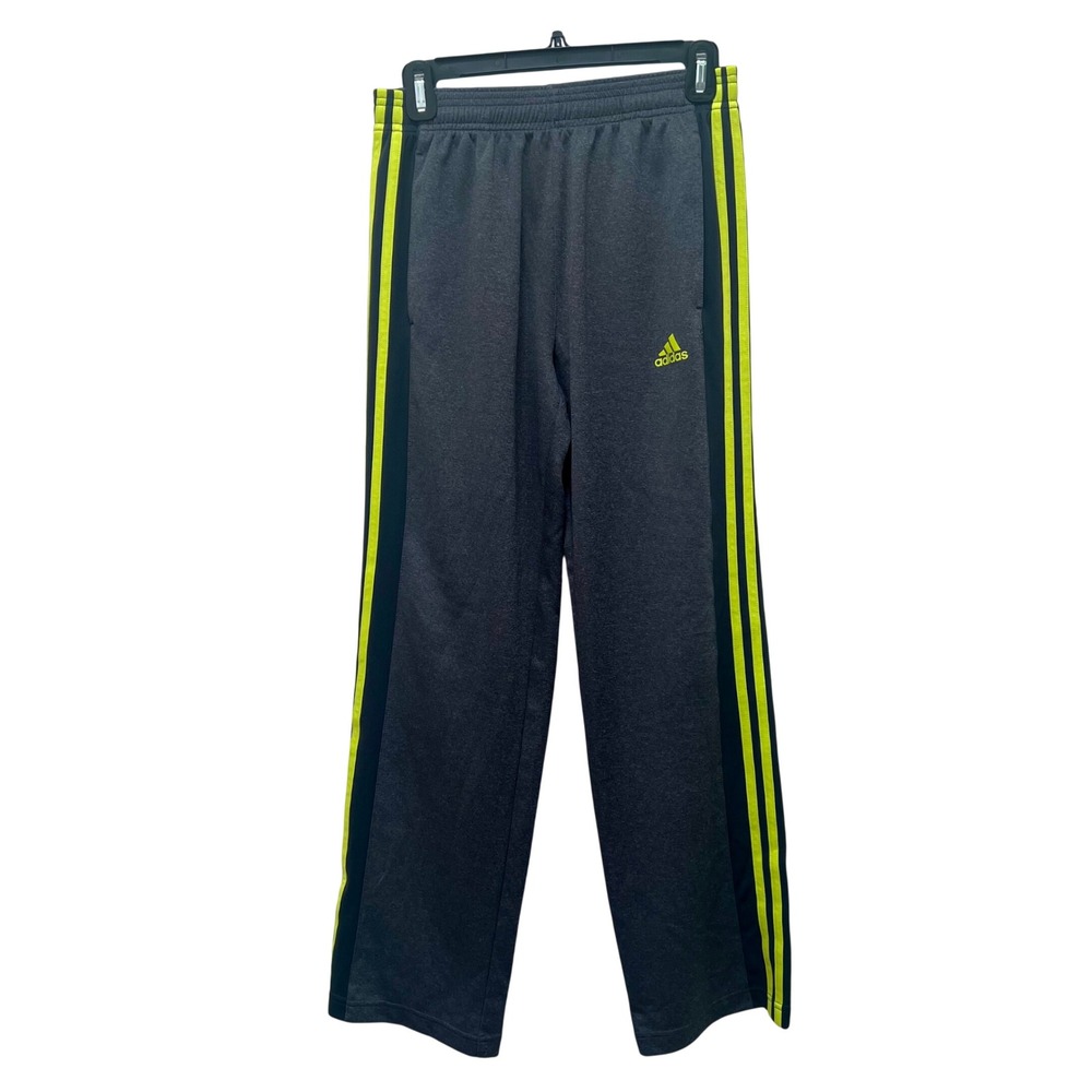 Adidas Kids Gray Climalite Track Pants Neon Yellow Stripes Size L 14/16 Sporty
